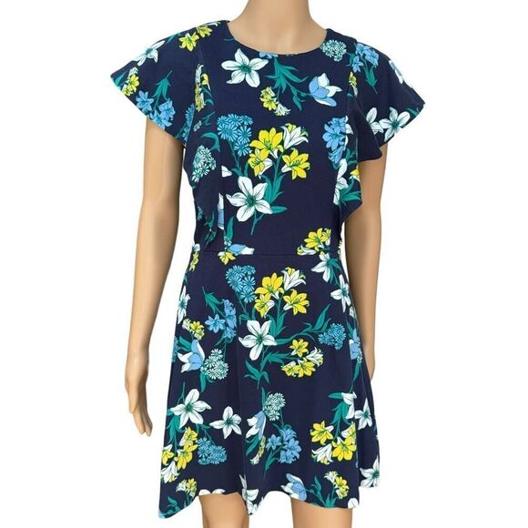 Draper James Elliston Floral Print Knit Ruffle Dress - Nassau Navy Pima cotton S - Picture 3 of 10
